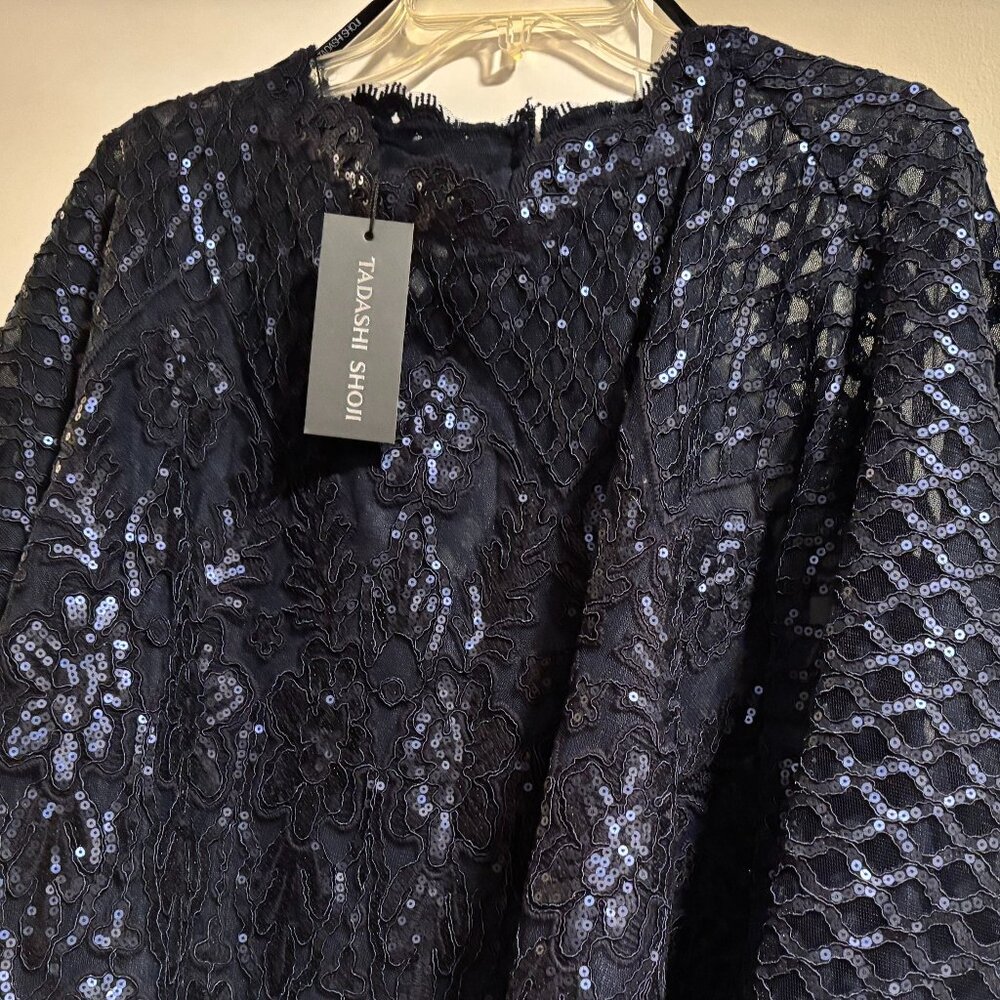 Tadashi Shoji Navy blue floral lace shimmering sequin Formal cover up/poncho - Picture 3 of 15